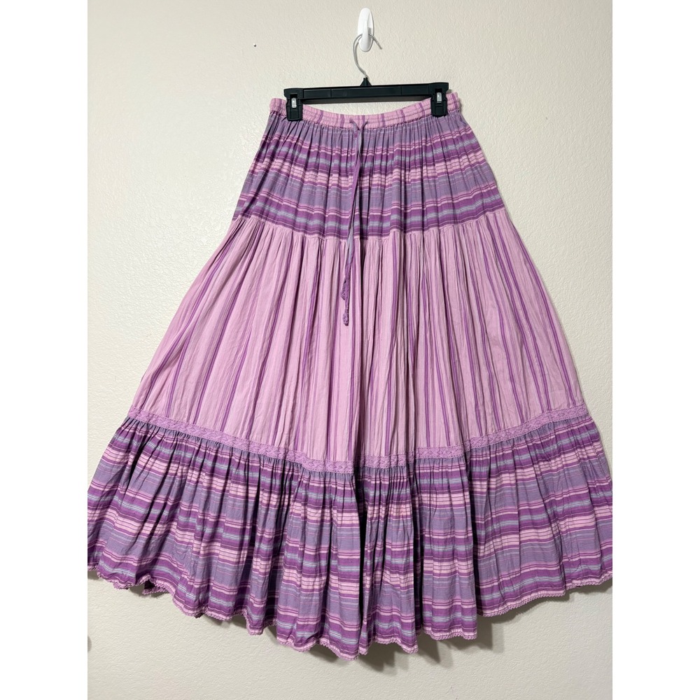 Vintage Wrangler Purple Striped Cotton Prairie Western Maxi Skirt Lace 70s
